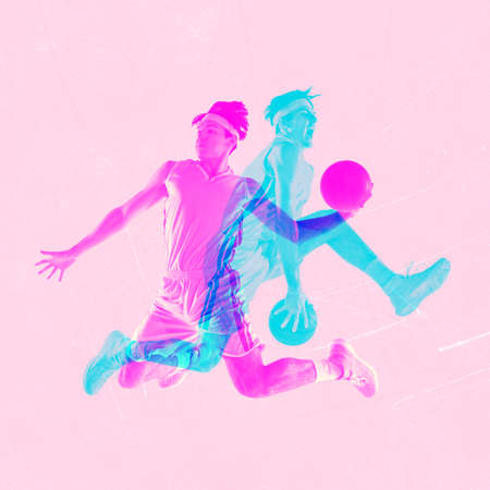 Modern art collage. Surrealism, minimalism in artwork. Inspiration, creativity and sports conceptの写真素材