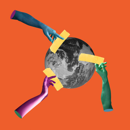 contemporary artwork. Human hands sticking plasters on bw planet over red background. Concept of saving nature.の写真素材