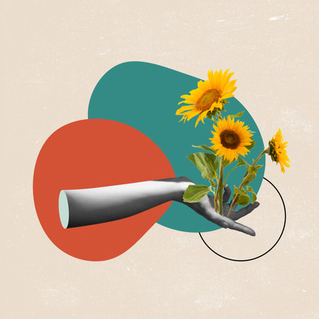 creative art collage. BW human hand holding yellow sunflowers on green and red spots over light background. Concept of saving the environment, planet and nature.の写真素材