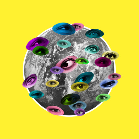 Modern art collage. Hurting the planet. Many multicolored human eyes over bw image of the Earth.の写真素材
