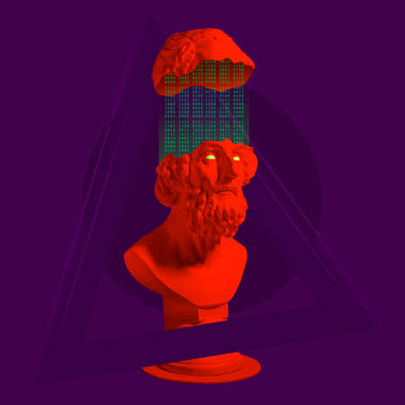 Contemporary art collage. Image of red ancient greek statue with binary code on dark purple...