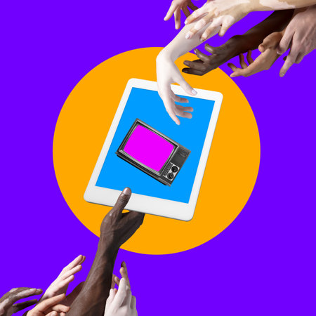 Image of many hands holding tablet on bright purple background. Creative collage.の写真素材