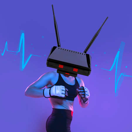 Modern artwork. Professional female mma fighter headed with wi-fi router on purple background.