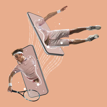 Professional male tennis player stuck on phone screen with binary code on beige background. Modern artworkの写真素材
