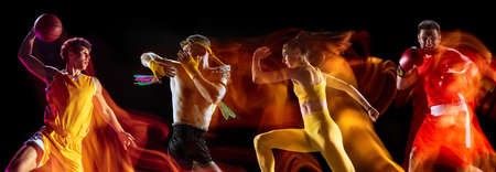 Multi sport collage. Sportsmen in action, motion isolated on black background in mixed lights. Flyer