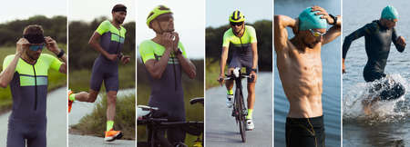 Collage. Young male sportsman, professional triathlete riding a bicycle, running, swimming outdoors on bright summer dayの写真素材