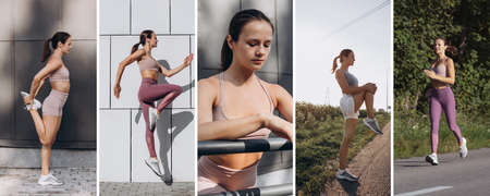 Young slim sportive caucasian woman working out, doing fitness, yoga outdoors.の写真素材