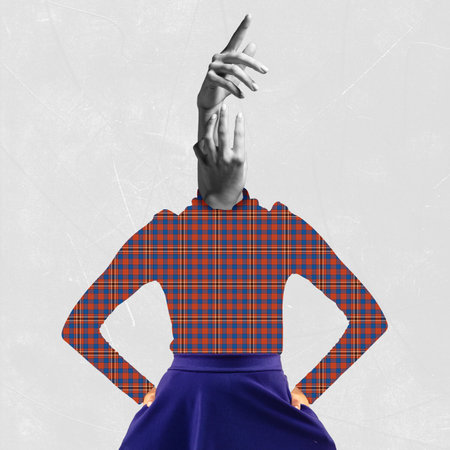 Creative artwork. One slim woman in checkered shirt headed with bw hands over grey backgroundの写真素材