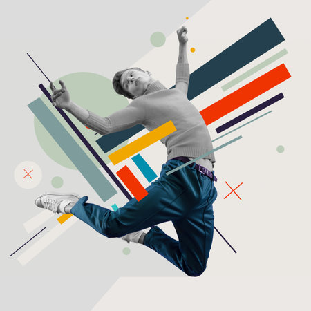 Zine collage. Young caucasian man, guy hovered in the air among multicolored geometric figures.の写真素材