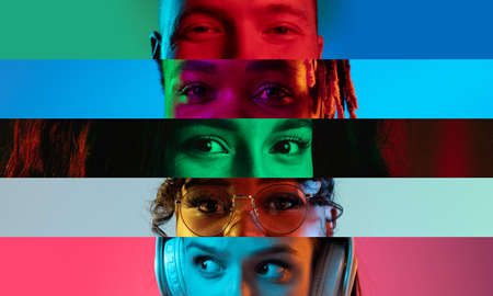 Collage of cropped male and female eyes placed on narrow stripes over multicolored neon backgrounds.の写真素材