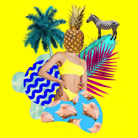 Creative art collage. Young woman in swimsuit headed with pineaple over yellow baclground. Summer vibesの写真素材