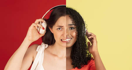 Two halves of young female faces with headphones over colored backgrounds.