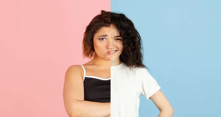 Two halves of young female faces over colored backgrounds. Sad and cheerful.