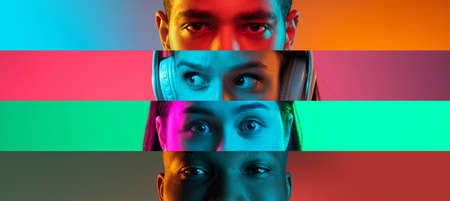 Collage of cropped male and female faces, eyes placed on the center isolated over colored backgrounds in neon lights.の写真素材