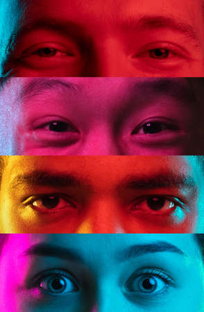 Collage of cropped male and female eyes placed on narrow stripes in neon lights.の写真素材