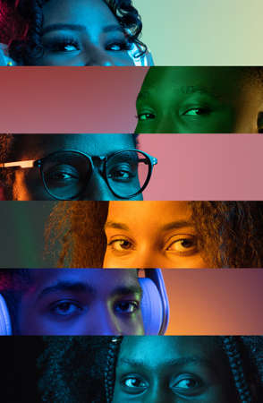 Collage of cropped male and female eyes placed on narrow stripes in neon lights.の写真素材