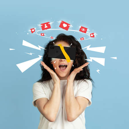Modern art collage of excited young girl thinking about social media popularity