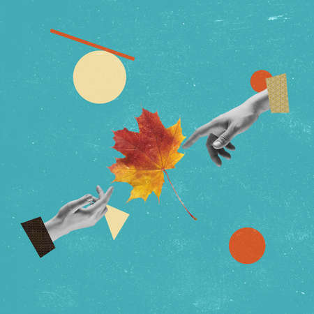 Keep in touch with autumn. Contemporary design of two hands touching autumn leaf on blue backgroundの写真素材