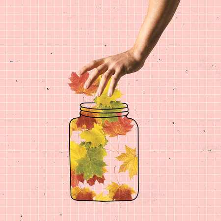 Autumn preservation. Putting autumn leaves on jar. Memory keepingの写真素材