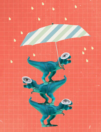 Contemporary design of three dinosaurs holding umbrella to shelter from rainの写真素材
