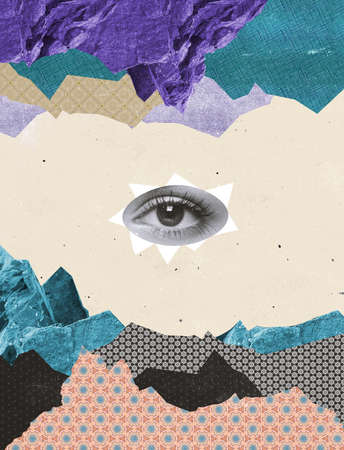 Contemporary artwork of autumn mountains and human eyesの写真素材