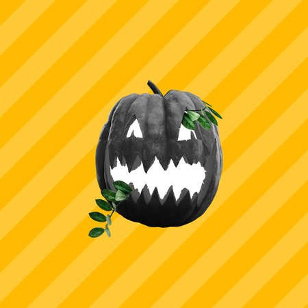 Happy Halloween invitation postcard. Contemporary art collage of gray creepy pumpkin on yellow backgroundの写真素材