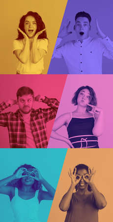 Emotional facial expressions of young beautiful people, male and female isolated over multicolored background. Collage of feelings. Duotone effect. Concept of emotions, feelings, facial expression, adの写真素材