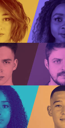 Colllage of cropped portraits of young beautiful people. Duotone effect