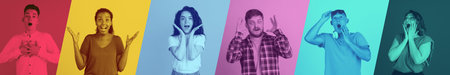 Duotone effect collage of six young beautiful people showing expressive emotions