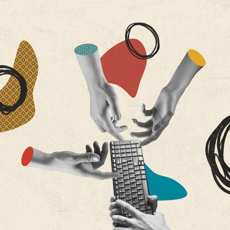 Contemporary art collage with human hands in a surreal style. Concept of communicationの写真素材