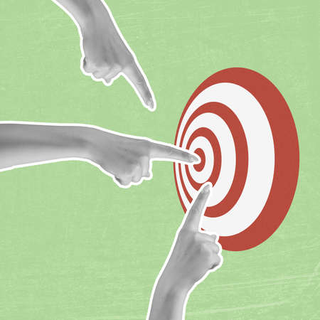 Concept of purpose. Contemporary art collage of hands pointing at targetの写真素材