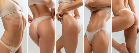 Woman body aesthetic. Cropped portrait collage of beautiful slim female body in inner wear isolated over white backgroundの写真素材