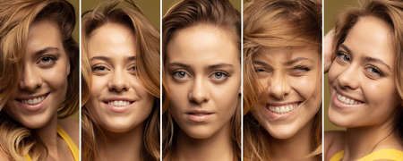 Close-up portrait collage of young beautiful fair-haired woman attractively smilingの写真素材