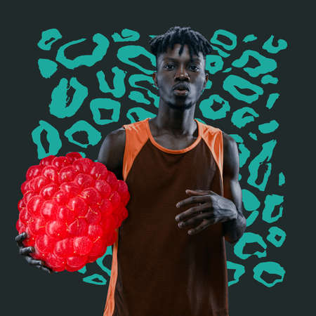 Surrealistic contemporary art image of young handsome african basketball player