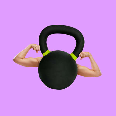 Contemporary art collage of sport weight and strongmale hands appearing from it on purple backgroundの写真素材