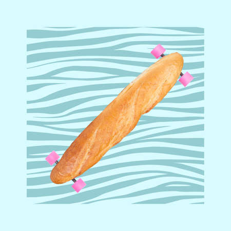 Funny contemporary art collage of skateboard on pattern backgroundの写真素材