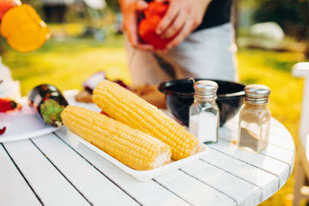 Friends cooking together in countryside for picninc gathering on warm summer day