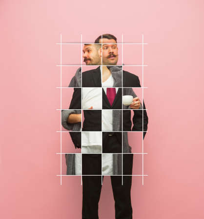 Creative artwork with collage effect of handsome man isolated over pink backgroundの写真素材