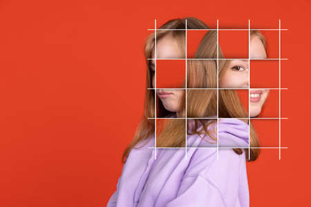 Puzzled artwork. Collage of young beautiful caucasian woman with face mosaic effect