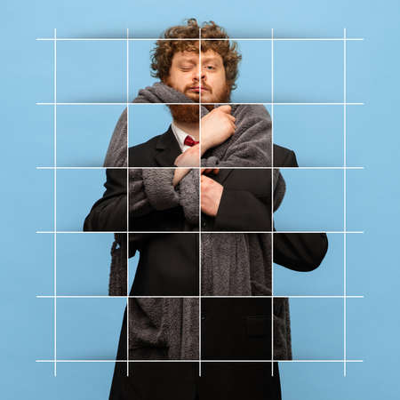 Stay home. Creative art collage with puzzle effect of man wearing suit and ribe isolated over blue...