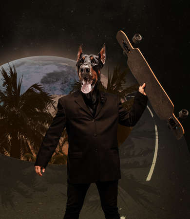 Contemporary art collage of human in black suit with doberman head. Modern skaterの写真素材