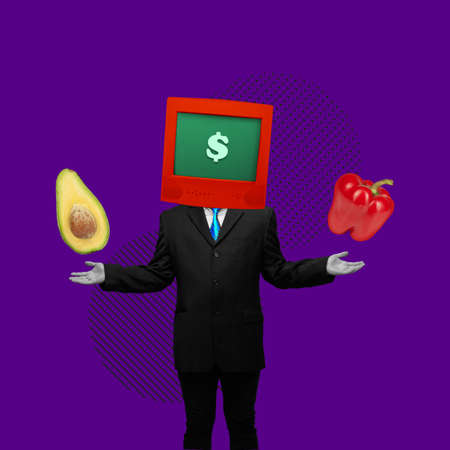 Contemporary art collage of man in suit with mouth instead head appearing from laptop. Concept of...