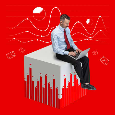 Contemporary art collage of man in suit with laptop. Concept of online businessの写真素材