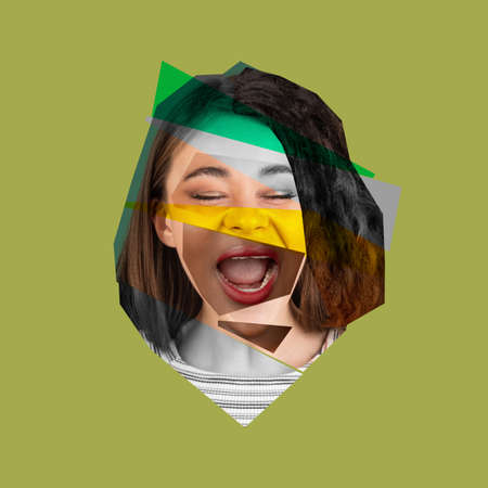 Contemporary art collage of beautiful female portrait made of face pieces of different ethnicity womenの写真素材