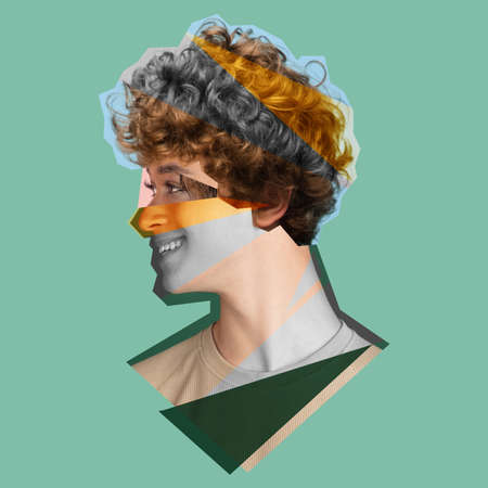 Contemporary art colllage of male head with different face pieces isolated over green background. Concept of gender equalityの写真素材