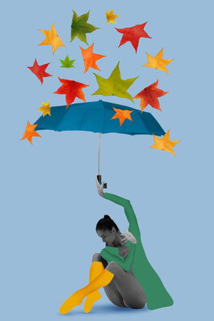 Contemporary art collage of beautiful ballerina sitting under umbrella and falling autumn leavesの写真素材