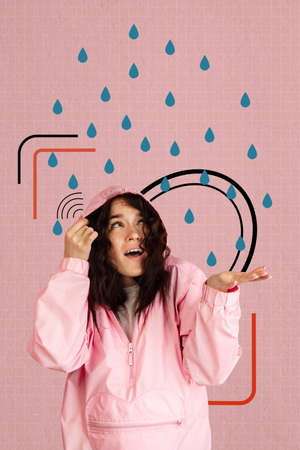 Rainy weather. Contemporary art collage of young beautiful woman in pink raincoat standing under rain isolated over pink background. Fall aesthetics. Concept of autumn season. Copy space for adの写真素材