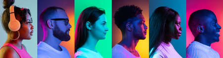 Collage of side view portraits of an ethnically diverse people isolated over multicolored background.の写真素材