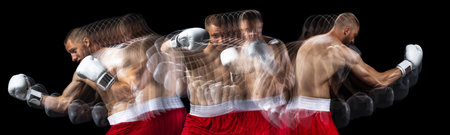 Sport collage of professional boxer training isolated over black background. Flyer. Stroboscope effect.の写真素材