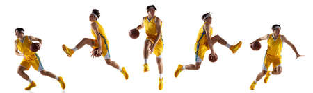 Sport collage. Young professional male basketball player in motion isolated over white background. Flyerの写真素材